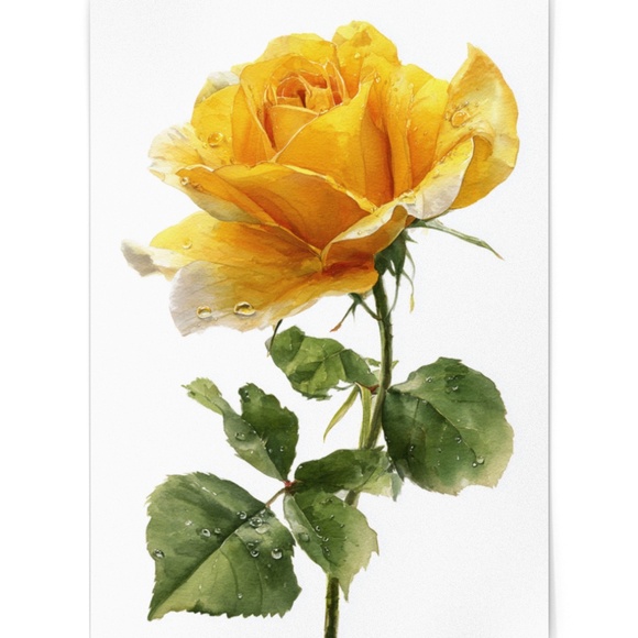 Watercolor Single Yellow Rose Wall Art Print Poster, Unframed - Delicate Floral - Picture 2 of 6